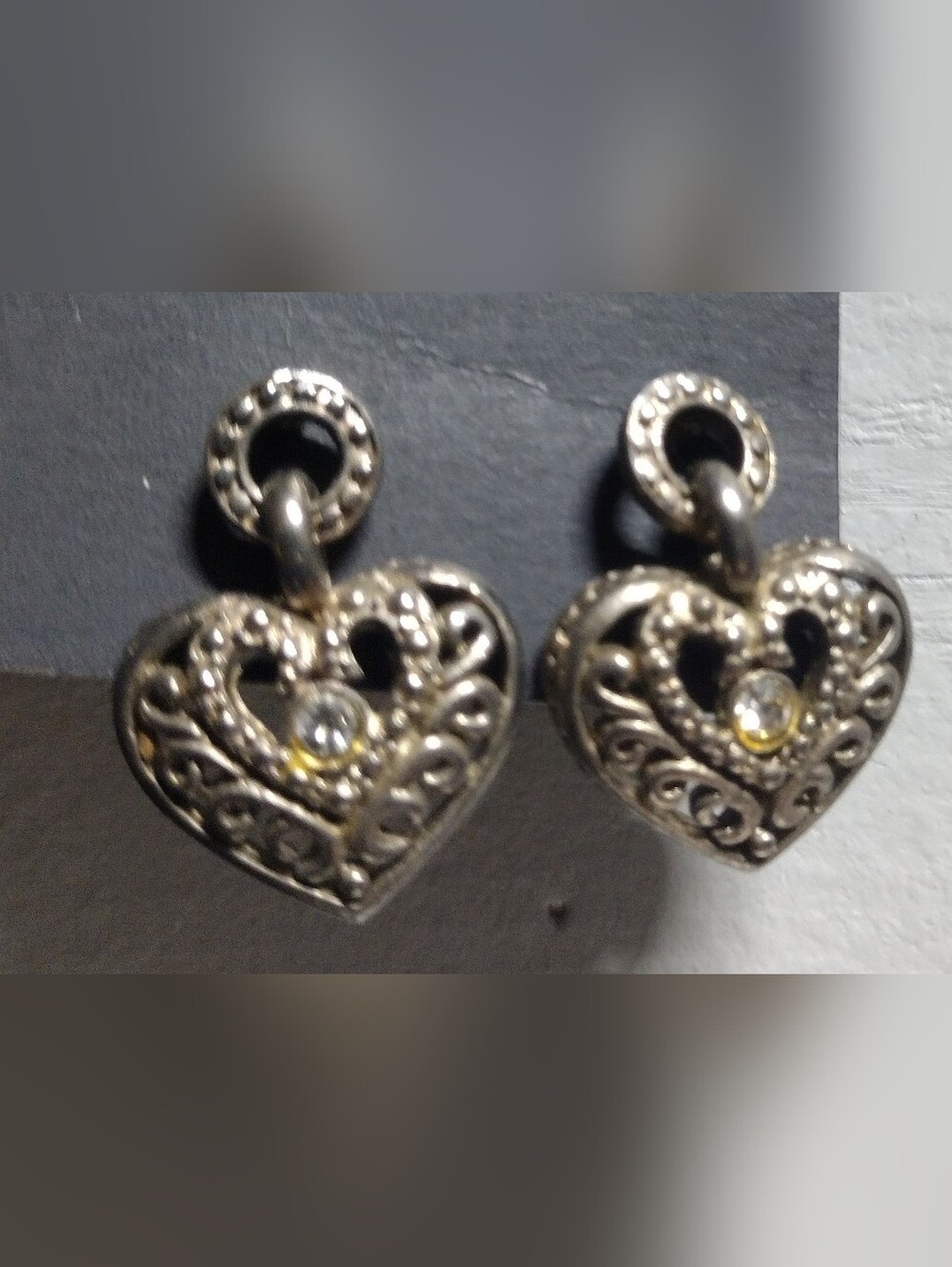 Silver Heart Filigree Drop Earrings With Crystal Accent - Silver